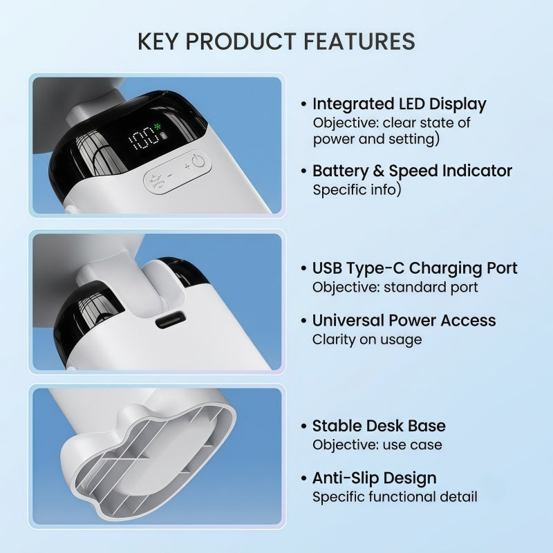 Portable Handheld Turbo Fan with Semiconductor Cooling Plate, 199 Stepless Speeds, 3000mAh Rechargeable Foldable Personal Desk Fan with LED Display