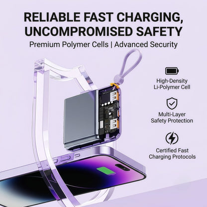 10000mAh Portable Power Bank with Built-in 4 Cables & Lanyard - Fast Charging Travel Battery Pack for iPhone, USB-C & Android