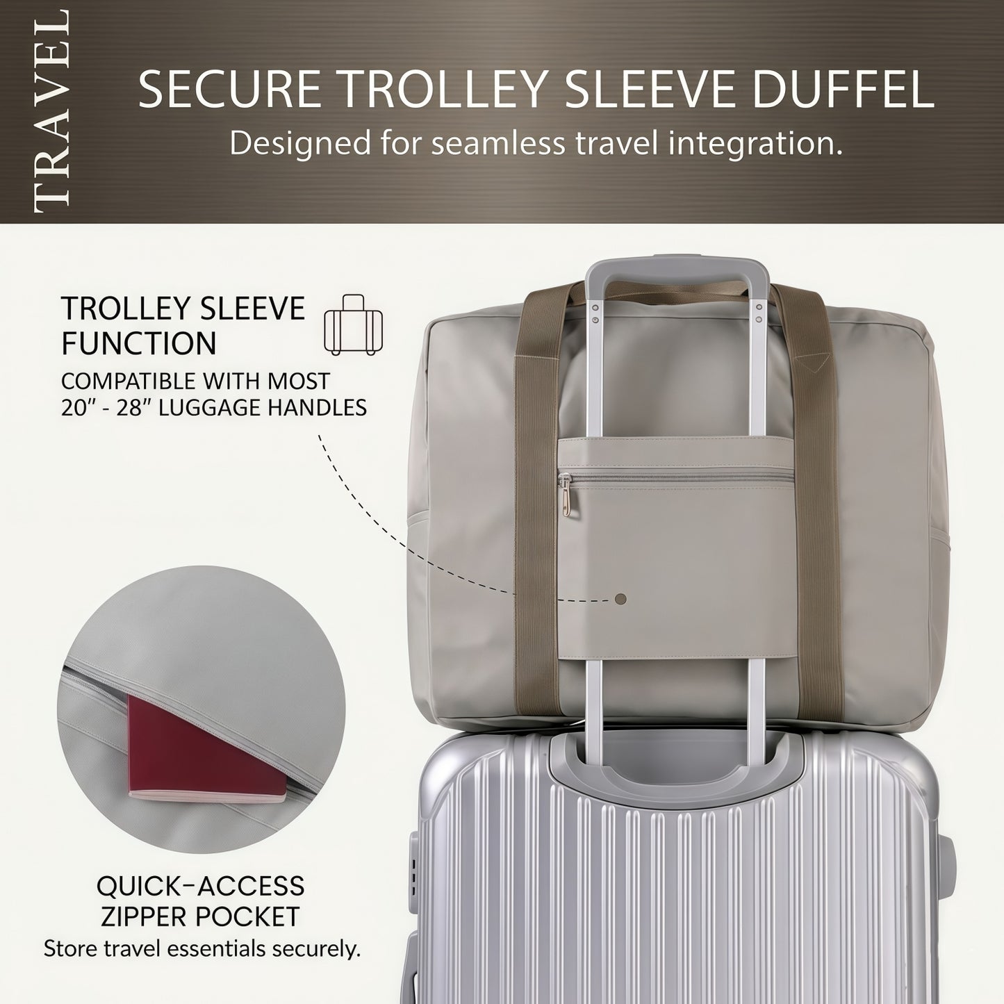 Foldable Travel Duffel Bag with Trolley Sleeve, Water-Resistant Oxford Cloth Overnight Weekender Tote for Luggage