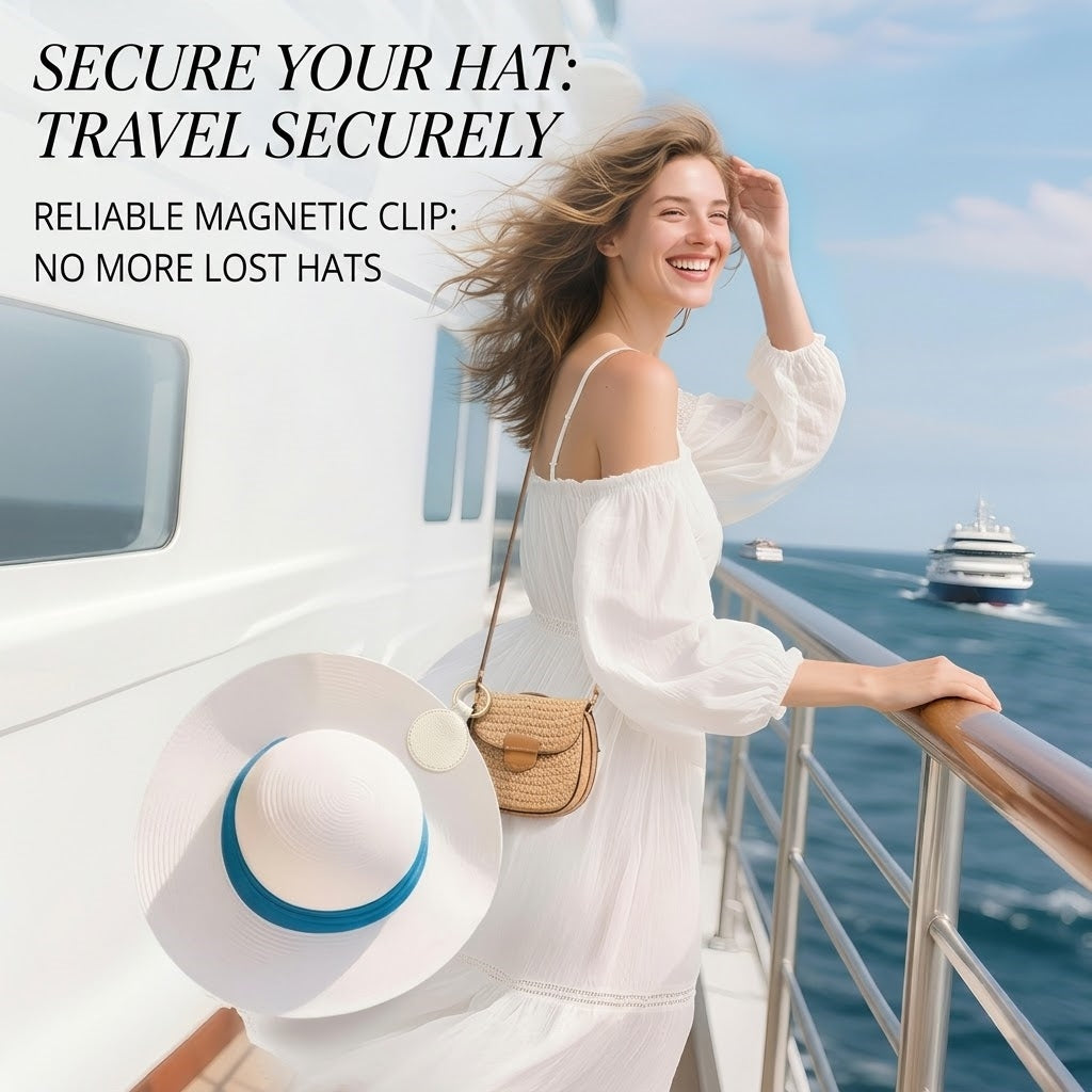 Vegan Leather Magnetic Hat Clip for Travel, Hands-Free Hat Holder Accessory for Bags and Luggage